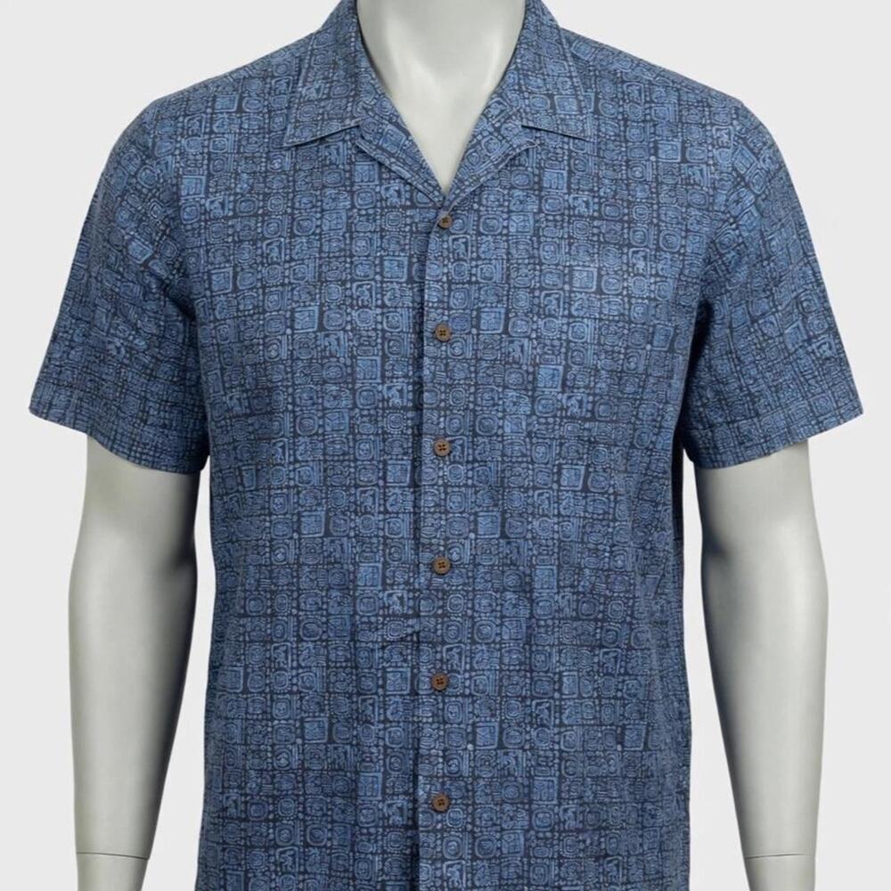 L.L. Bean Mens Camp Shirt L-REG Blue Mayan Aztec Ruins AOP Cotton Hawaiian